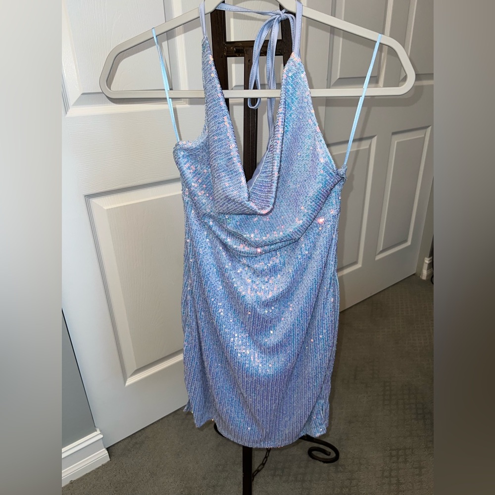 Light blue sequined halter top party dress by Thirty/Thirty LA -Sweet 16, Quince
